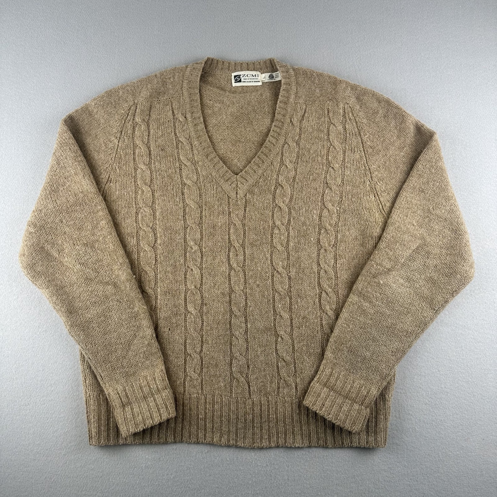 Zcmi Vintage 70s Beige Pure New Wool Sweater Size Large Made In British Crown Hk